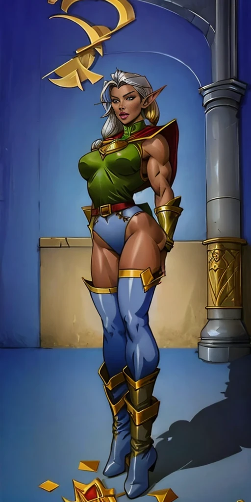 ((masterpiece, white background:1.2)) full body of a woman, standing feet together, extremely long hair, ponytail, perfect anatomy 1sologirl, tall slim thick ((muscular)) high elf toned body, silver breast plate, blue cape, slender abs, hourglass waist, detailed face, defined cheekbones, puffy lips, red gloves gauntlets, gold crown, shadow over eyes, looking at viewer view from below, white thigh highs lingerie
