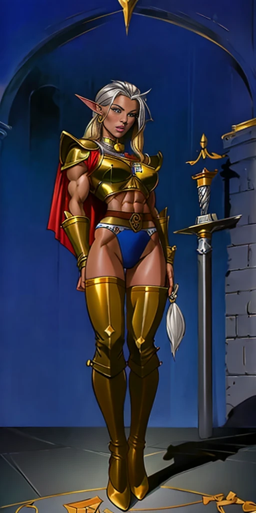 ((masterpiece, white background:1.2)) full body of a woman, standing feet together, extremely long hair, ponytail, perfect anatomy 1sologirl, tall slim thick ((muscular)) high elf toned body, silver breast plate, blue cape, slender abs, hourglass waist, detailed face, defined cheekbones, puffy lips, red gloves gauntlets, gold crown, shadow over eyes, looking at viewer view from below, white thigh highs lingerie