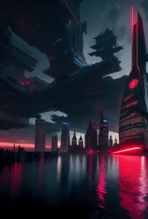 Palacess, cyberpunked palace skycraper fortress,holy swords themed decourations, aggressive  design, blue and red colors, black night sky, futuristic  city, 8k uhd, ultra realistic, ultra detailed, ((photorealistic, masterpiece)), giant holy sword in top of it