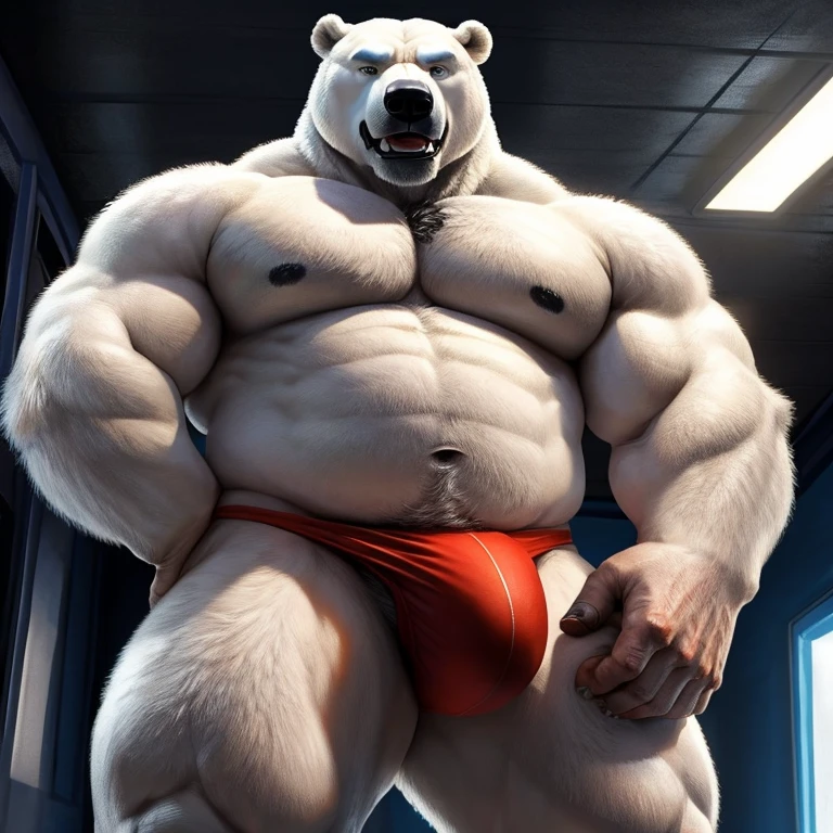 ((Polar Bear)), white teeth, ((standing)), saliva, (((white)) furred body)), ((dominant)), ((intimidating)), dilf, Daddy, father figure, mature male, hunk, pecs, ((crotch focus)), ((Antarctica)), ((very detailed background)), ((very detailed lighting)), ((very detailed hands)), ((well drawn hands)), ((very detailed crotch)), ((very detailed fur texture)), ((very detailed)), very high resolution, very high quality, detailed speedo, big underwear bulge