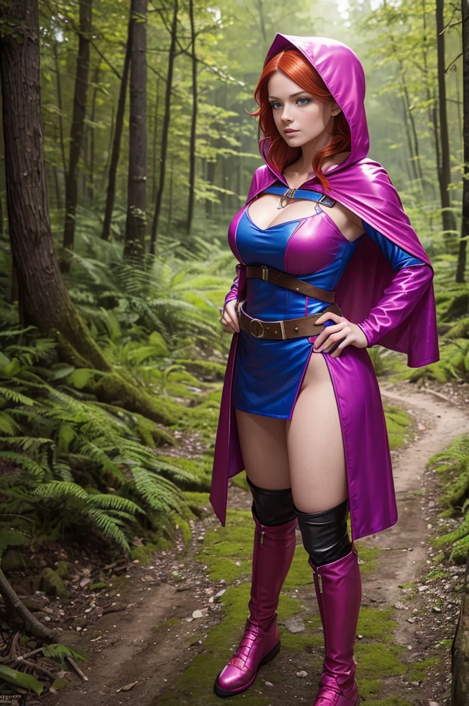 UHD 8K scene, hyper-real photo quality, beautiful young woman, red hair, bright blue eyes, short Glossy enamel pink dress with thief outfit, purple hooded cape, character Sheila from Dungeons and Dragons, in the middle of a forest