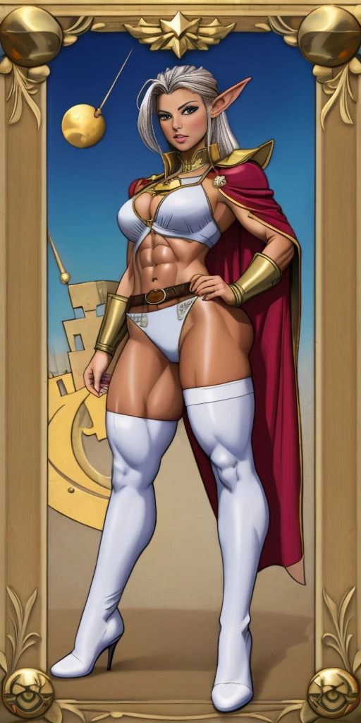 ((masterpiece, white background:1.2)) full body of a woman, standing feet together, extremely long hair, ponytail, perfect anatomy 1sologirl, tall slim thick ((muscular)) high elf toned body, silver breast plate, blue cape, slender abs, hourglass waist, detailed face, defined cheekbones, puffy lips, red gloves gauntlets, gold crown, shadow over eyes, looking at viewer view from below, white thigh highs lingerie