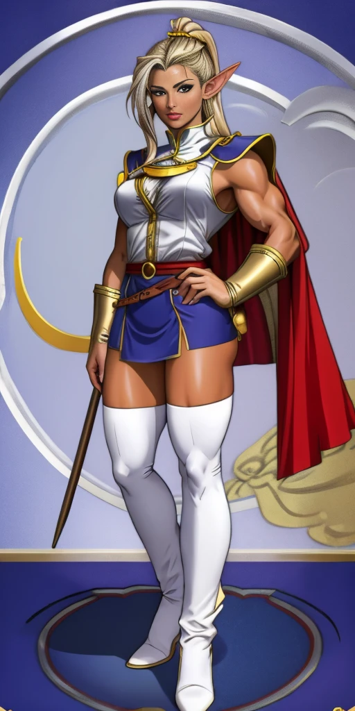 ((masterpiece, white background:1.2)) full body of a woman, standing feet together, extremely long hair, ponytail, perfect anatomy 1sologirl, tall slim thick ((muscular)) high elf toned body, silver breast plate, blue cape, slender abs, hourglass waist, detailed face, defined cheekbones, puffy lips, red gloves gauntlets, gold crown, shadow over eyes, looking at viewer view from below, white thigh highs lingerie