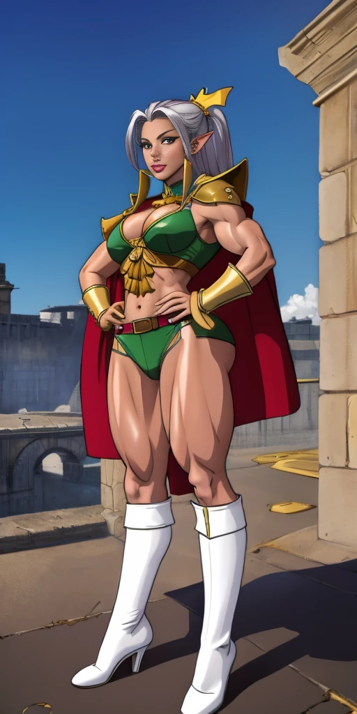 ((masterpiece, white background:1.2)) full body of a woman, standing feet together, extremely long hair, ponytail, perfect anatomy 1sologirl, tall slim thick ((muscular)) high elf toned body, silver breast plate, blue cape, slender abs, hourglass waist, detailed face, defined cheekbones, puffy lips, red gloves gauntlets, gold crown, shadow over eyes, looking at viewer view from below, white thigh highs lingerie