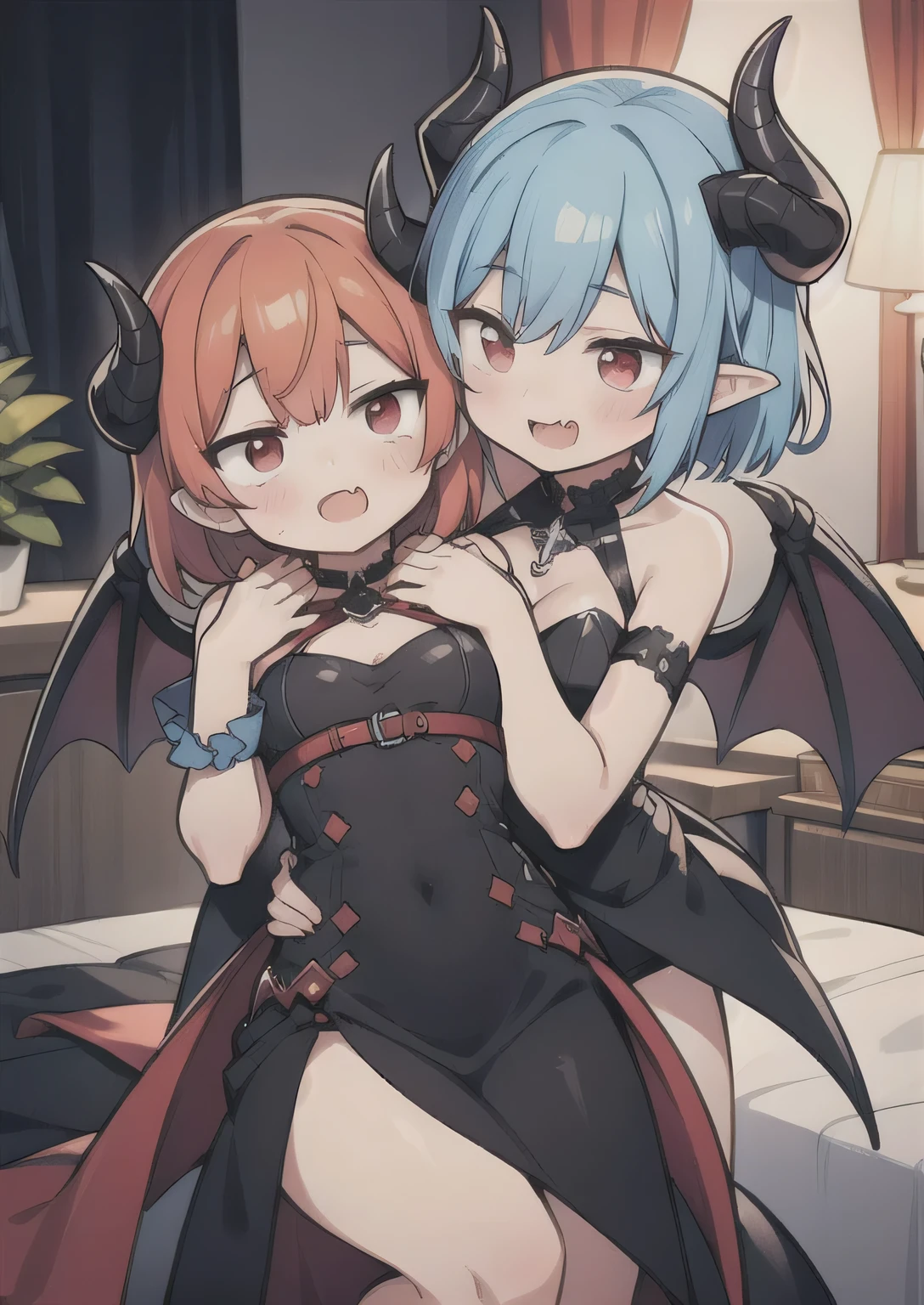 8K,  femboy and girl, petit, teen, kawaii vampire, blue hair, crimson hair, short hair, red eyes, bat wings, smile, (blush), (shy), fang, pointed ears, looking at viewer,  dynamic angle, wind, game cg, fantastic scenery, demon tail, thin tail, black horns, medium breast, latex, kissing, sexy, dating, bedroom