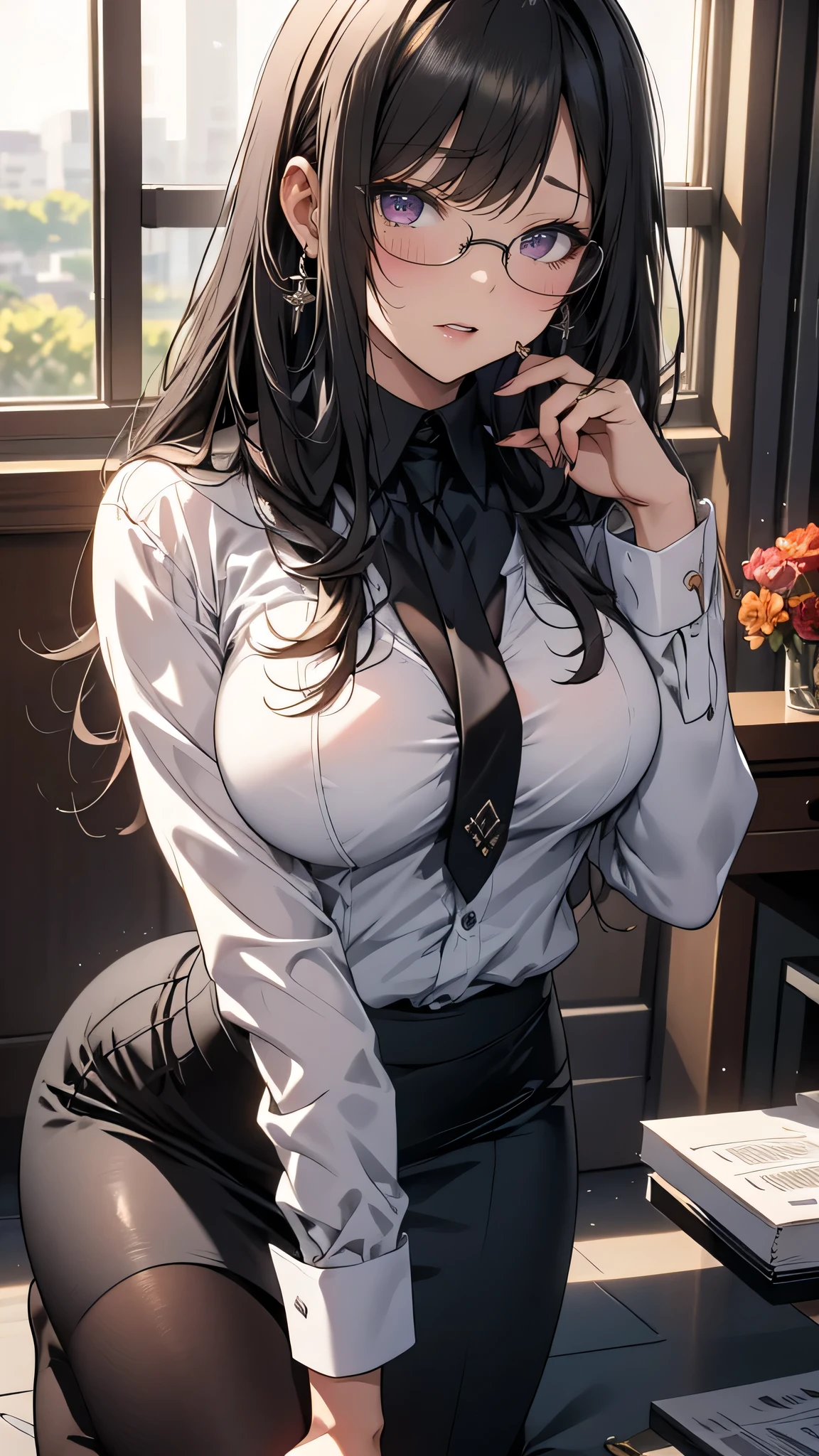 random office lady fashion,(Thin type),(large breasts),(random sexy pose),(random hairstyle),(Highest image quality,(8K), Ultra-realistic, Best Quality, High quality, High Definition, high quality texture, high detailing, Beautiful detailed, fine detailed, extremely details CG, Detailed texture, realistic representation of face, masterpiece, presence),(wearing glasses:1.2),black pantyhose,all fours