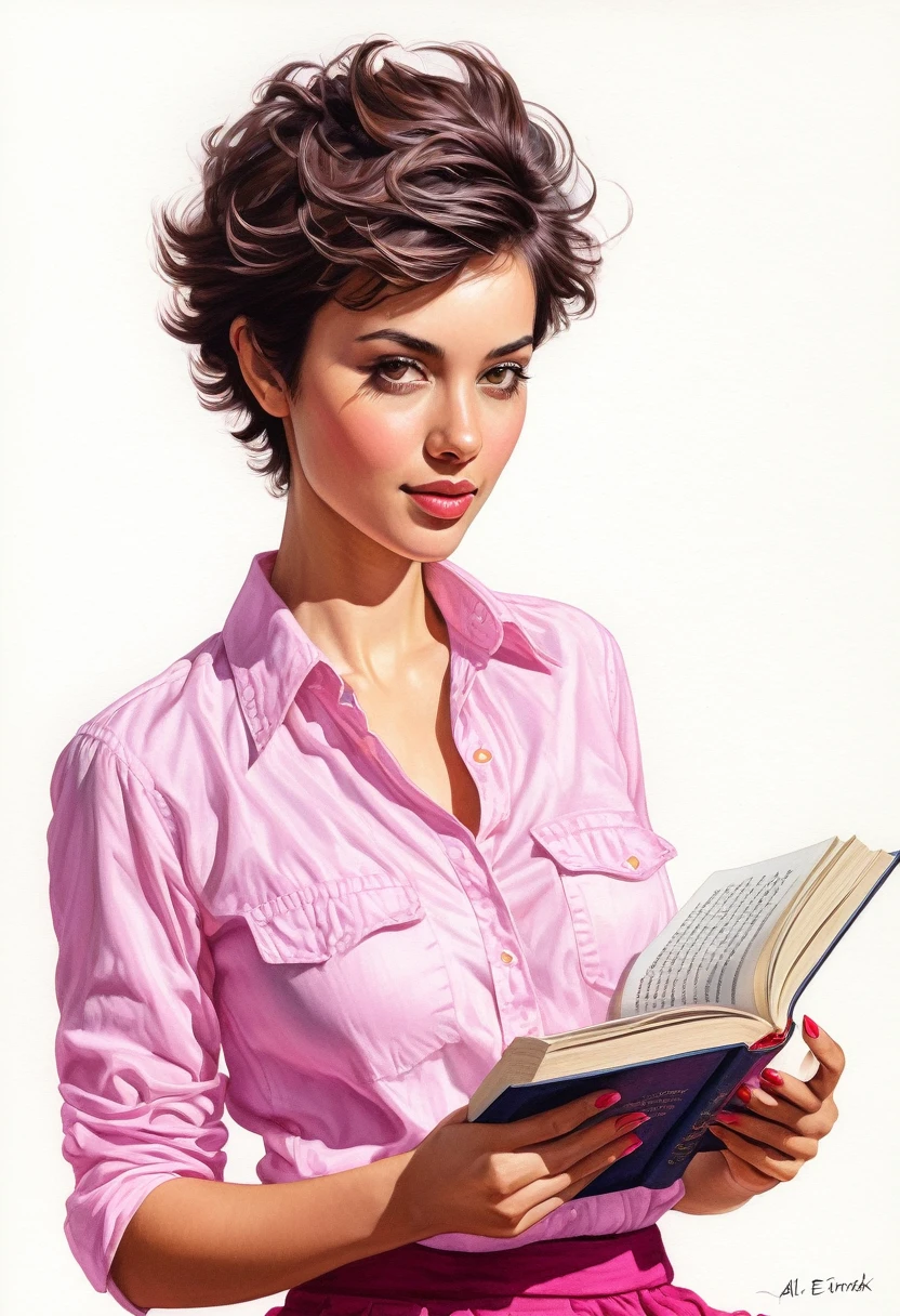 crea una mujer con pelo corte pixie ,con camisa rosa, con un libro ,obra maestra, estilo ilustracion de Ali Erturk, alto detalle, hiperrealista, luz natural,ilustracion , colores llamativos
