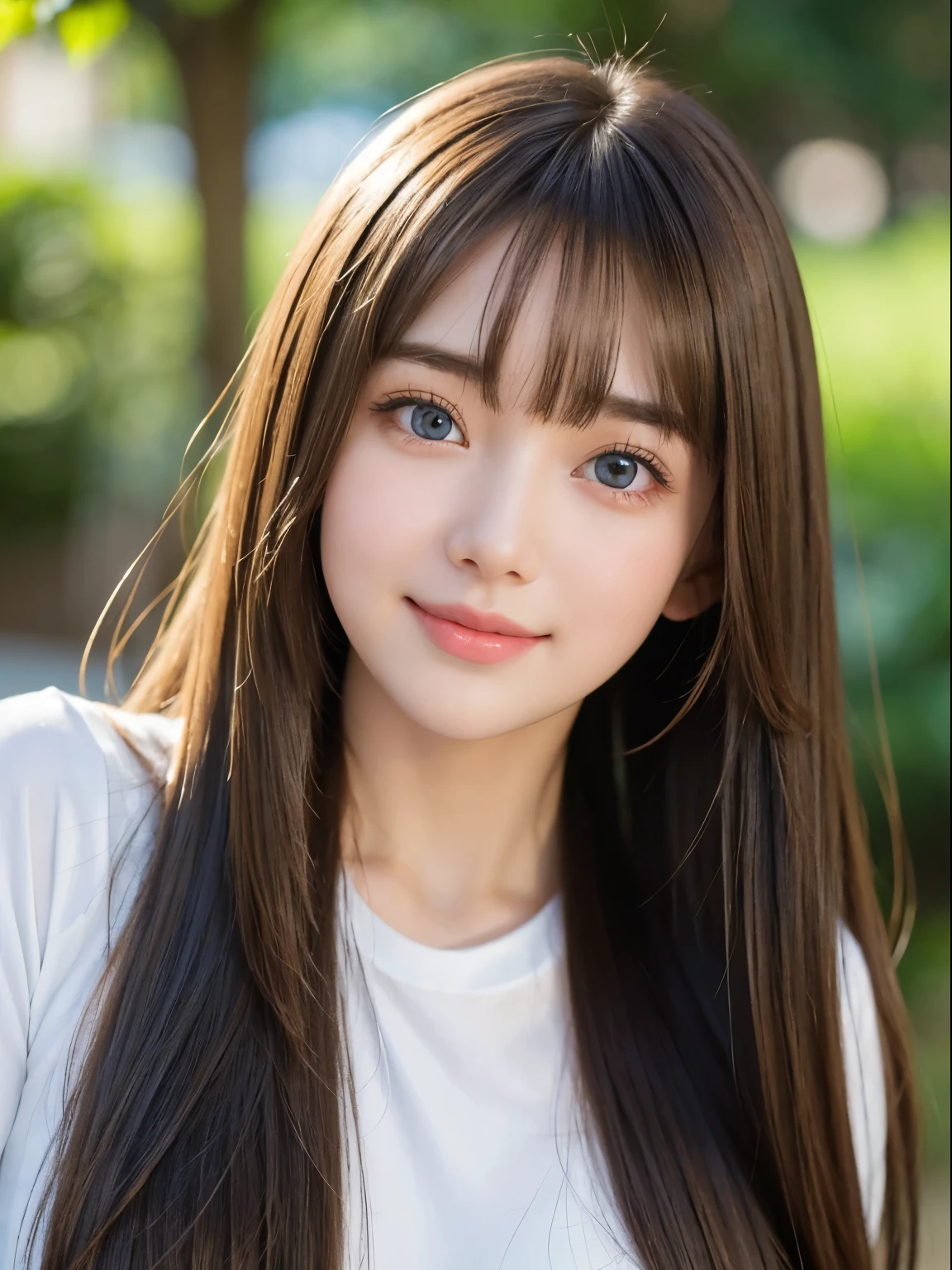Portrait、、Bright expression、Half Up 、Younger, brighter, whiter skin、Best Looks、Natural brown hair with shiny highlights、Shiny bright hair,、Super long, silky straight hair、Shiny beautiful bangs、Blunt bangs、Sparkling, clear, attractive big blue eyes、A very beautiful, lovely and cute 16 year old girl、Ample breasts