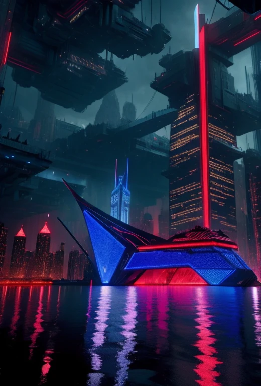 Palacess, cyberpunked palace skycraper fortress,holy swords themed decourations, aggressive design, blue and red colors, black night sky, futuristic city, 8k uhd, ultra realistic, ultra detailed, ((photorealistic, masterpiece)), giant holy sword in top of it