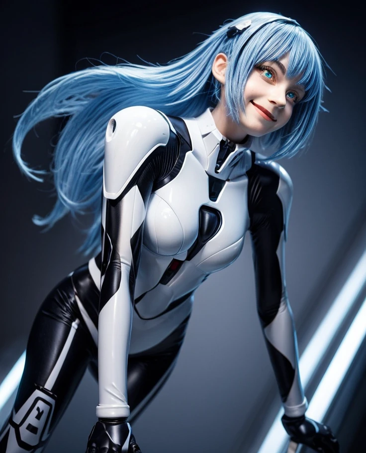 masterpiece, highest quality, 8k, Detailed skin texture, High-quality fabric, beautiful detailed face, Intricate details, Very detailed, Portrait of Rei Ayanami, Blue Hair, Red eyes, Looking into the distance, No background, Evangelion Wearing a Plug Suit when riding, Plug Suit, The whole body is visible, Are standing, Arms crossed, , beautiful, cute, Great style, smile,The whole body is visible構図,