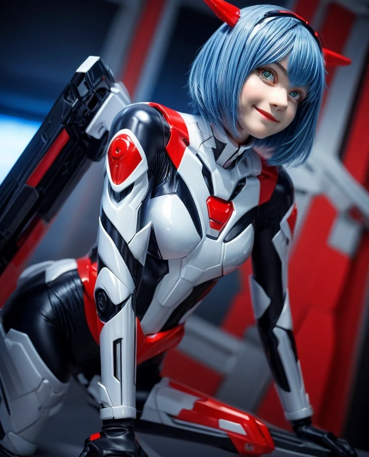 masterpiece, highest quality, 8k, Detailed skin texture, High-quality fabric, beautiful detailed face, Intricate details, Very detailed, Portrait of Rei Ayanami, Blue Hair, Red eyes, Looking into the distance, No background, Evangelion Wearing a Plug Suit when riding, Plug Suit, The whole body is visible, Are standing, Arms crossed, , beautiful, cute, Great style, smile,The whole body is visible構図,