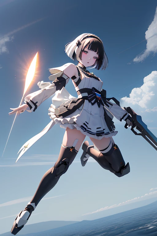 (highest quality)), ((masterpiece)), (Very detailed: 1.3), 3D, {(Young girl)}, Wearing a white frilly Gothic Lolita outfit, (She is fused with a Gundam mecha from the future....), With headgear, With V-fin , Armored Shoulders,Armament, Armor at the feet, Multi-layer texture perfect ratio, Octane Rendering, Duotone Lighting, Low ISO, wide aperture, White balance, Three-part method, Ultra HD 16k, High resolution (High Dynamic Range), Ray Tracing, NVIDIA, Super Resolution, Scattered beneath the surface of the water, PBR Texturing, Post-processing, Anisotropic Filtering, Written boundary depth, Maximum clarity and sharpness, Highly efficient subpixels, Subpixel Convolution, Particles of light, Scattered Light, Tyndall effect, whole body:1.5, Combat pose, cute, (cute:1.2), (Bobcut:1.3),Braiding, Black Hair, Thick eyebrows, Pale-colored iris, big, Bright black eyes, Long eyelashes, small, Bright colors, Natural lips, (The average face of a Japanese idol), (日本人特有のBaby Face:1.3), (Baby Face), Wide forehead:1.2, Plump Cheeks, small jaw, Visible side boob, (Has a huge weapon:1.5), fly in the sky、((((Flying high in the sky)))),View your audience,Focus on the eyes , (Four perfect fingers, One thumb),