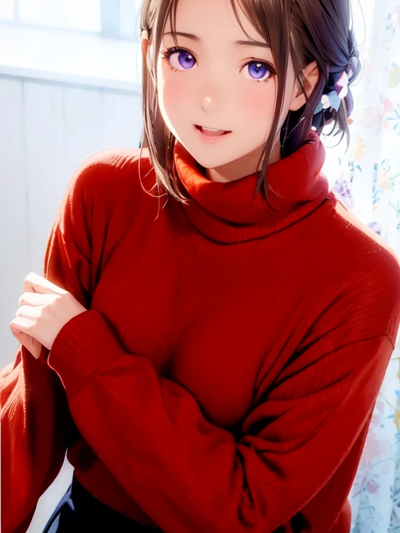 High resolution,In 8K,highest quality,detailed,Semi-realistic anime,Anime 3D Style,Smooth anime CG,One Girl,19-year-old woman in Japan,slim,Modeled,Shiny brown hair,Shortcuts,detailedな顔,Beautiful and detailed,Glowing Skin,Dark red knitwear,straggling hair,Angelic hairstyle,(Small breasts),((Deep dark blue-purple eyes)),(((Looking at the camera))),((Open your mouth)),((Laughter))