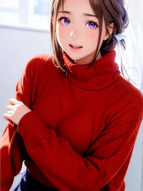 High resolution,In 8K,highest quality,detailed,Semi-realistic anime,Anime 3D Style,Smooth anime CG,One Girl,19-year-old woman in Japan,slim,Modeled,Shiny brown hair,Shortcuts,detailedな顔,Beautiful and detailed,Glowing Skin,Dark red knitwear,straggling hair,Angelic hairstyle,(Small breasts),((Deep dark blue-purple eyes)),(((Looking at the camera))),((Open your mouth)),((Laughter))