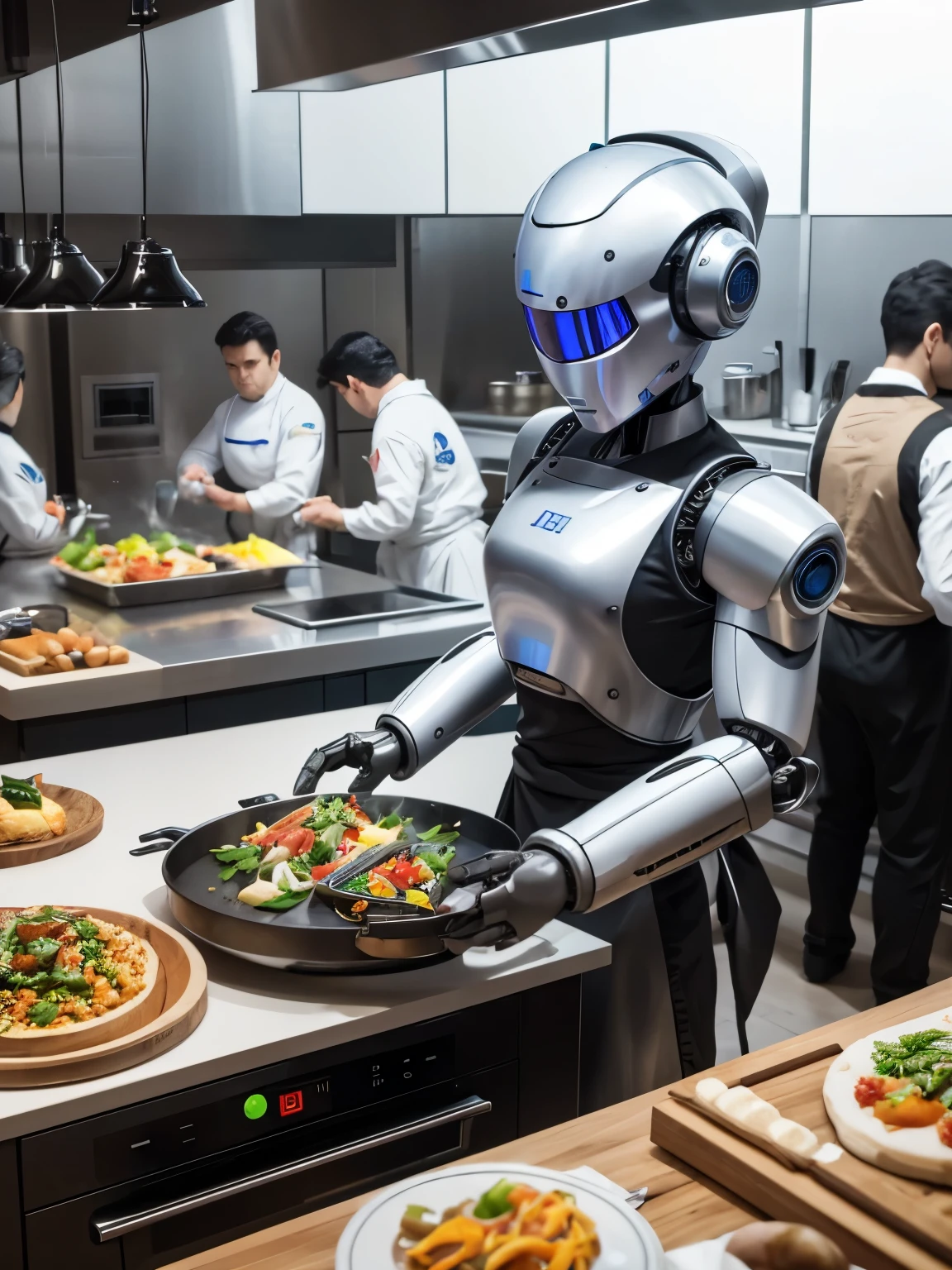 Robot Chef: A humanoid robot stands in a bustling kitchen, skillfully preparing an array of dishes with precision and speed, while chefs look on in amazement.