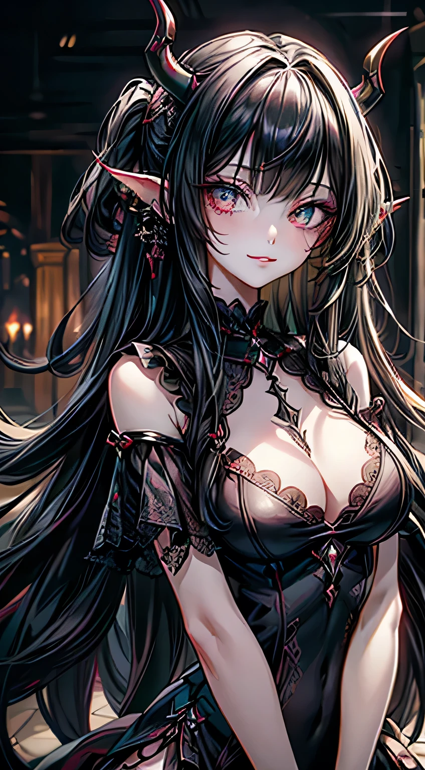 Pov , a beautiful girl, extremely detailed beautiful face, demon, no horns, no wings, bangs, black hair, very long messy hair, grin, gothic setting, high detailed eyes make up, bright eyes,(((looking at viewer))), depth of field, best quality, masterpiece, highres, highly detailed, award winning photograpy