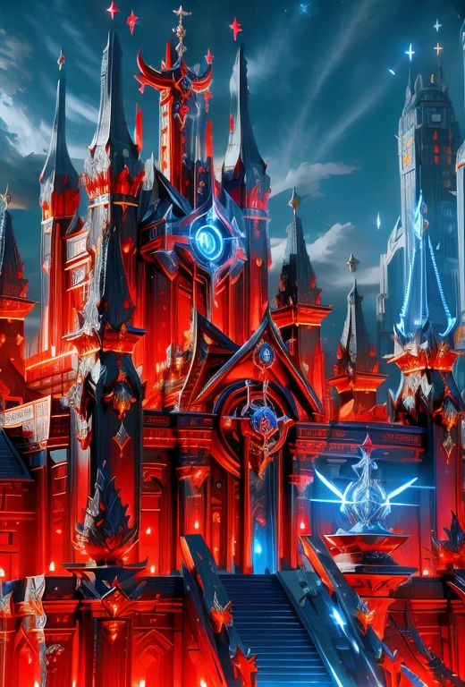 Palacess, cyberpunked palace skycraper fortress,holy swords themed decourations, aggressive  design, blue and red colors, black night sky, futuristic  city, 8k uhd, ultra realistic, ultra detailed, ((photorealistic, masterpiece)), giant holy sword in top of it