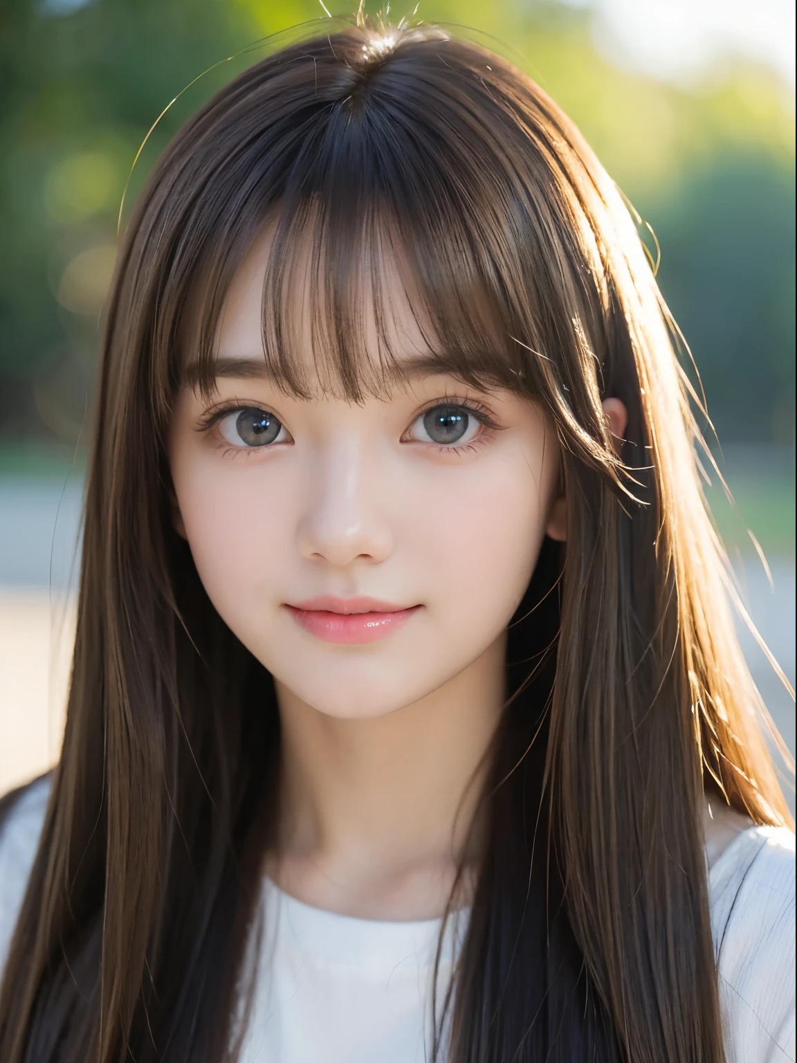 Portrait、、Bright expression、Half Up　、Younger, brighter, whiter skin、Best Looks、Natural brown hair with shiny highlights、Shiny bright hair,、Super long, silky straight hair、Shiny beautiful bangs、Blunt bangs、Sparkling, clear, attractive big blue eyes、A very beautiful, lovely and cute  girl、Ample breasts