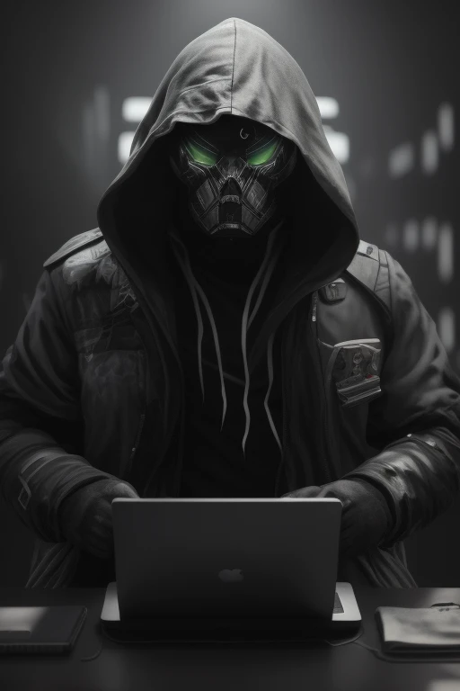 Hero with gray hood with green details ,  Dark metallic mask and thundering gray eyes Draw a character that is a little scary Hacker, tough👑, fundo neon preto e cinza, epic lighting, Photographic lighting, reflection mapping, ultra detalhado, fotorrealista, cinematographic, film-quality rendering, visual effects post production, RTX ray tracing lighting, atmosfera mal-humorada, sombra