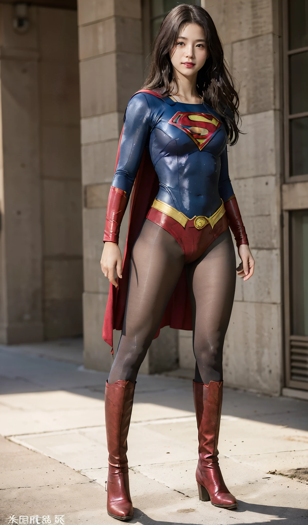 No background、(((Beautiful legs in black tights.)))、(((Legally express the beauty of your smile)))、((((Make the most of your original images)))、(((Supergirl Costume)))、(((Beautiful Hairstyles)))、(((suffering)))、(((Please wear black tights....、Wear red boots)))、((Best image quality、8k))、((highest quality、8k、masterpiece:1.3))、(((Preserve background )))、Sharp focus:1.2、Beautiful woman with perfect figure:1.4、Slim Abs:1.2、Wet body:1.5、Highly detailed face and skin texture、8k