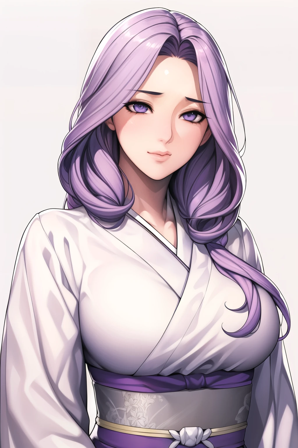 Simple White Background,
dynamic pose,standing in the spotlight,
White_kimono,long sleeves, wide sleeves,
purple_hair, long_hair, hair_pulled out_in the back,parted_Lips,purple_eye, Single_give,
1 girl, 20 years,junior,beautiful long legs,beautiful body,
beautiful Nose,beautiful character design, perfect eye, perfect face,expressive eye,perfect balance,
looking at viewer,(Focus on her face),closed mouth, (chaste_big_eye:1.0),(light_laugh:0.3),
official art,very detailed CG Unity 8k 벽지, perfect lighting,fancy, bright_front_face_lighting,White skin,
(masterpiece:1.0),(best_quality:1.0), ultra high resolution,4K,very detailed,
photography, 8K, HDR, mackerel, absurd:1.2, Kodak Portrait 400, film grain, blurry in the background, bokeh:1.2, lens flare, (vibrant_color:1.2),professional photography,
(beautiful,크기가 big_chest:1.4), (beautiful_face:1.5),(small_waist),