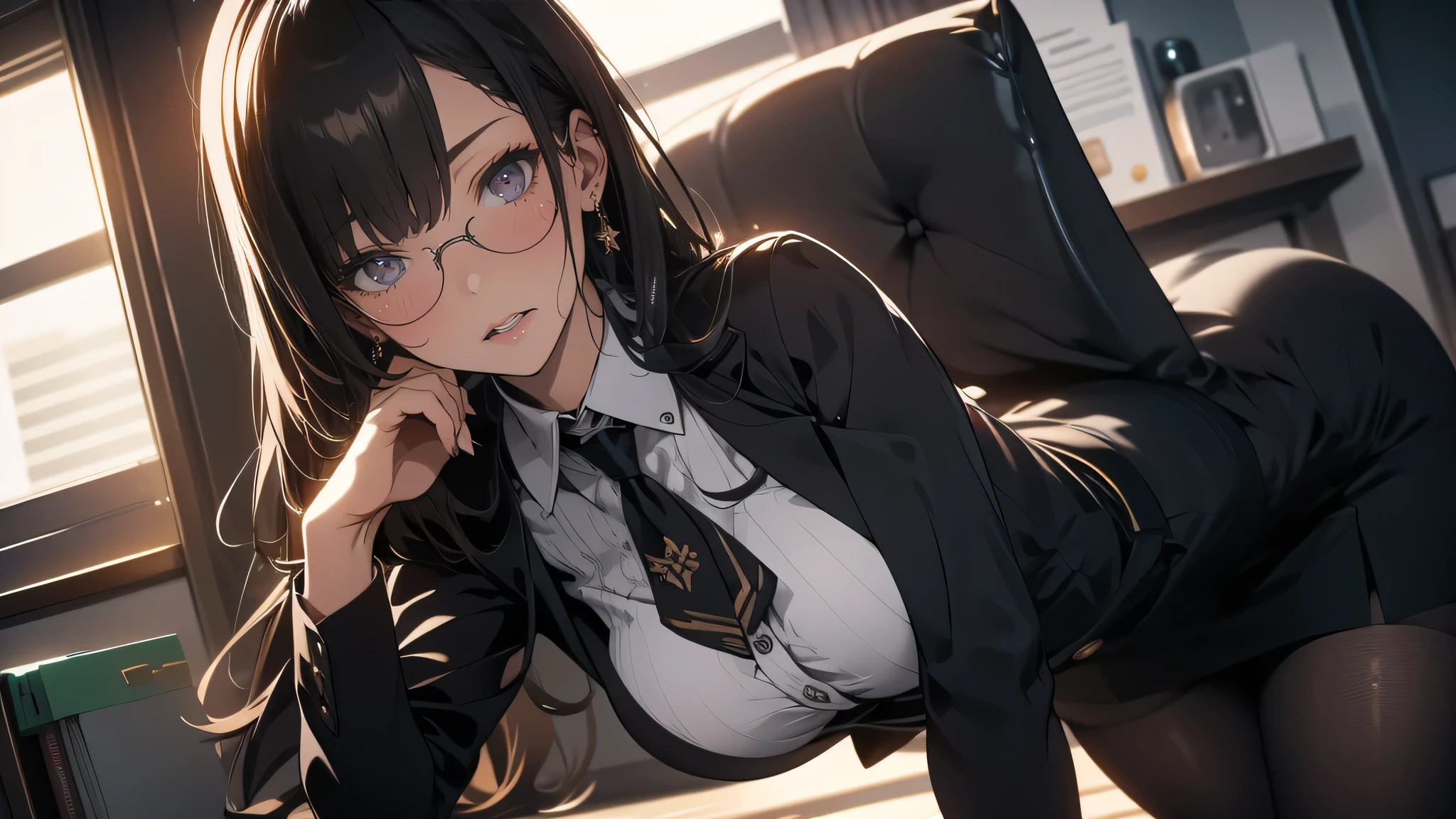 random office lady fashion,(Thin type),(large breasts),(random sexy pose),(random hairstyle),(Highest image quality,(8K), Ultra-realistic, Best Quality, High quality, High Definition, high quality texture, high detailing, Beautiful detailed, fine detailed, extremely details CG, Detailed texture, realistic representation of face, masterpiece, presence),(wearing glasses:1.2),black pantyhose,all fours