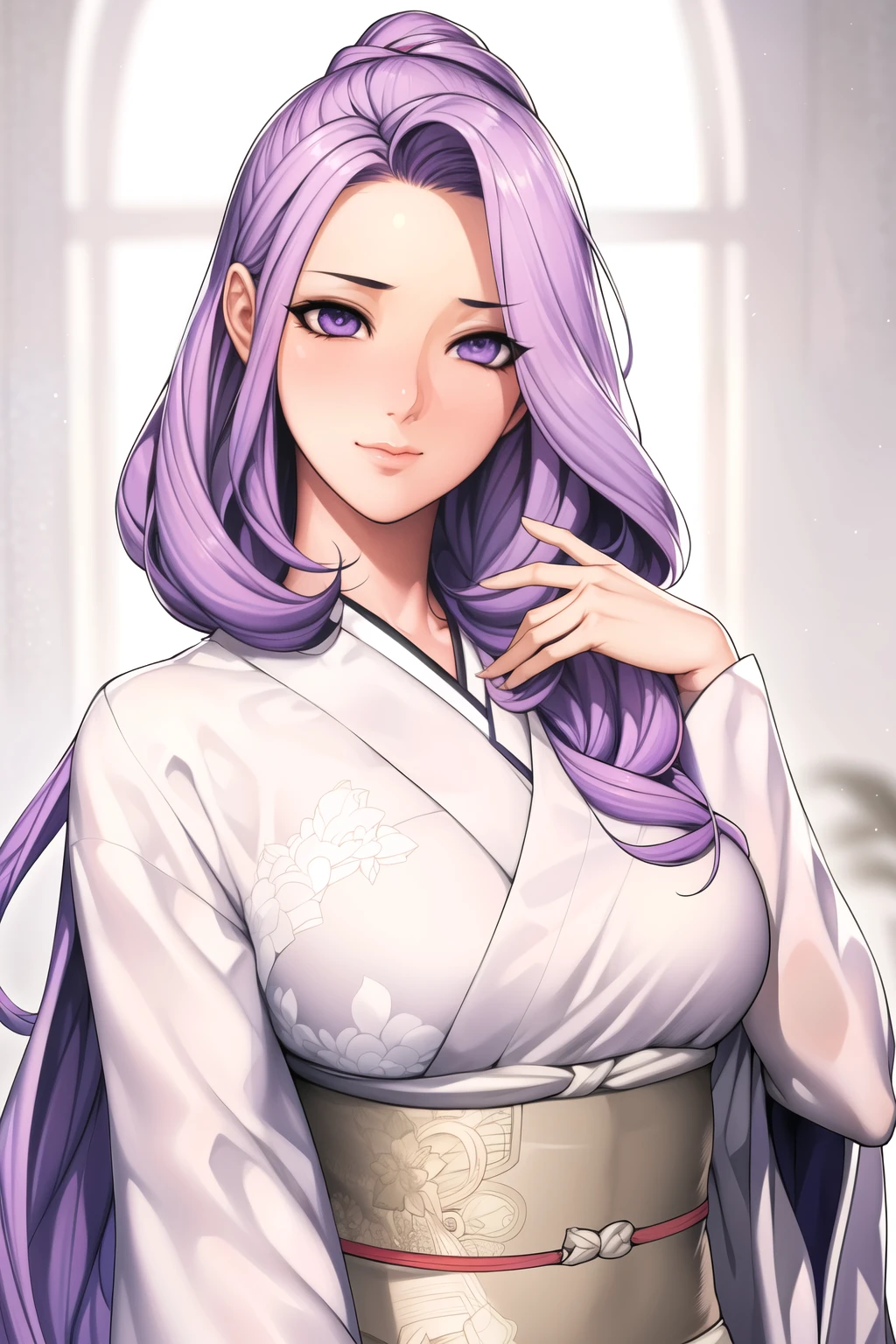 Simple White Background,
dynamic pose,standing in the spotlight,
White_kimono,long sleeves, wide sleeves, 
purple_hair, long_hair, hair_pulled out_in the back,parted_Lips,purple_eye, Single_give,
1 girl, 20 years,junior,beautiful long legs,beautiful body,
beautiful Nose,beautiful character design, perfect eye, perfect face,expressive eye,perfect balance,
looking at viewer,(Focus on her face),closed mouth, (chaste_big_eye:1.0),(light_laugh:0.3),
official art,very detailed CG Unity 8k 벽지, perfect lighting,fancy, bright_front_face_lighting,White skin,
(masterpiece:1.0),(best_quality:1.0), ultra high resolution,4K,very detailed,
photography, 8K, HDR, mackerel, absurd:1.2, Kodak Portrait 400, film grain, blurry in the background, bokeh:1.2, lens flare, (vibrant_color:1.2),professional photography,
(beautiful,크기가 big_chest:1.4), (beautiful_face:1.5),(small_waist),