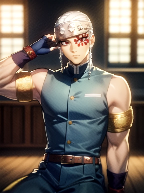 (masterpiece, best quality, extremely detailed CG, beautiful detailed eyes, ultra-detailed, intricate details:1.2), 8k wallpaper, elaborate features, glistening shiny, glowing light, ray tracing, HDR, deph of field, (perfect face), HD, perfect lighting, ((beautiful detailed eyelashes)), ((cowboy shot, looking at viewer: 1.5)), indoors, sky, solo:1.5, ((sitting)), window, plants,
TengenUsuiKNY, 1boy, armband, bandages, over shoulder, red eyes, black pants, tabi, white hair, bare shoylders, armlet, sleeveless, facial mark, gloves, scar, fingerless gloves, belt, headband, muscular male, big man,
