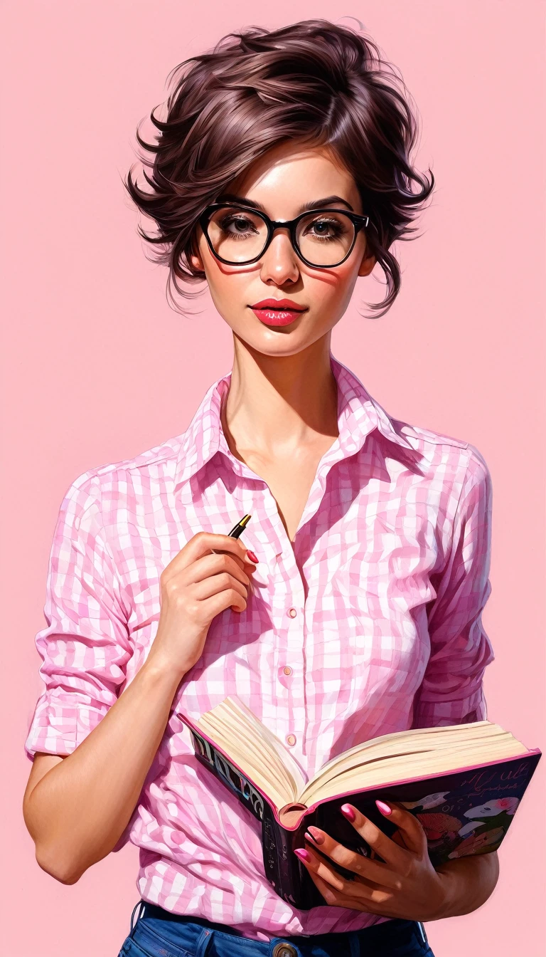 crea una mujer con pelo corte pixie ,con camisa rosa, con un libro ,obra maestra, illustration style by Ali Erturk, alto detalle, hiperrealista, luz natural, ilustracion , colores llamativos