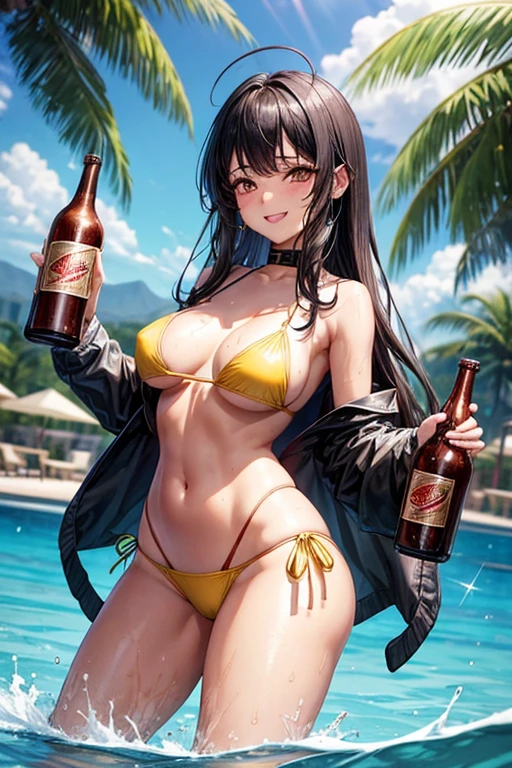 Draw Suzy, an anime-style female character with long straight black hair, thin black eyebrows, and brown eyes.  small breasts, thin waist, big perky ass, thick thighs.  she is wearing sexy medieval armor.  She is in the pool with water up to her waist wearing a very tight yellow bikini.  holding two bottles of Budweiser beer against her nipples.  naughty smile on his face with his eyes slightly closed.  caressing her breasts with two bottles of beer.  front view with navel up.  tight yellow bikini.