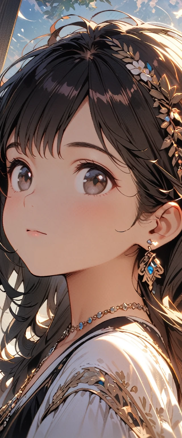 1 person、Top quality masterpiece illustrations、Black hair and black eyes、Wearing multiple necklaces、Wearing earrings、Little girl in black and white fancy dress looking up、Cute and elegant face with long hair in the upward view. The angle of the sideways view is fair.、More hair details、