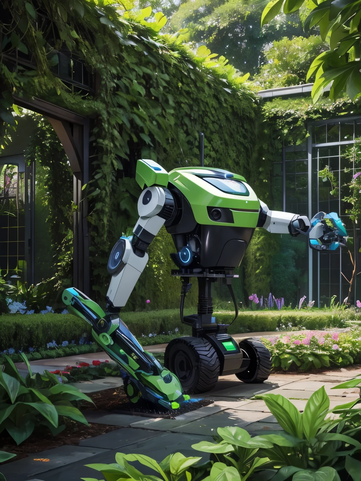 Robot Gardener: In a lush botanical garden, a robotic gardener tends to the plants with precision and care, using its specialized tools to prune, water, and nurture the vibrant flora.