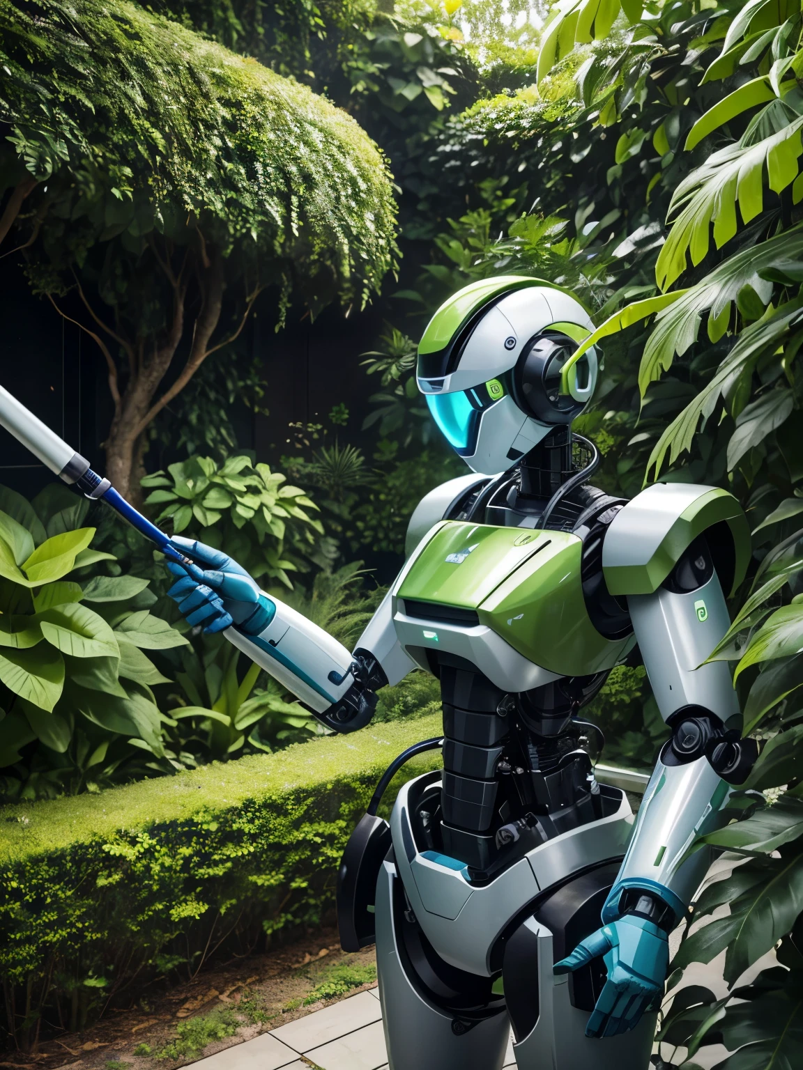 Robot Gardener: In a lush botanical garden, a robotic gardener tends to the plants with precision and care, using its specialized tools to prune, water, and nurture the vibrant flora.