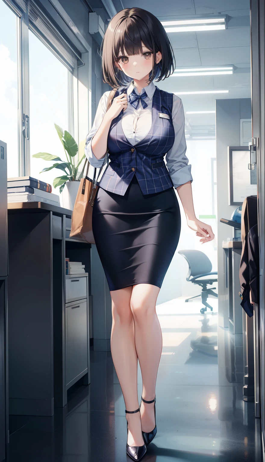 highest quality, Flying debris、Beautiful woman、officeレディー、Black Hair、(Brown eyes、Big Breasts、Blunt bangs)、short hair、チェック柄のダークブルーのofficeスーツ)、new employee,Full Body Shot、Female office lady、break(Dark blue checked vest、White dress shirt、Navy blue long tight pencil skirt:1.2)、(Black Knee High、High heels)、break(office:1.3)、Cleavage、Shirt buttons fly off