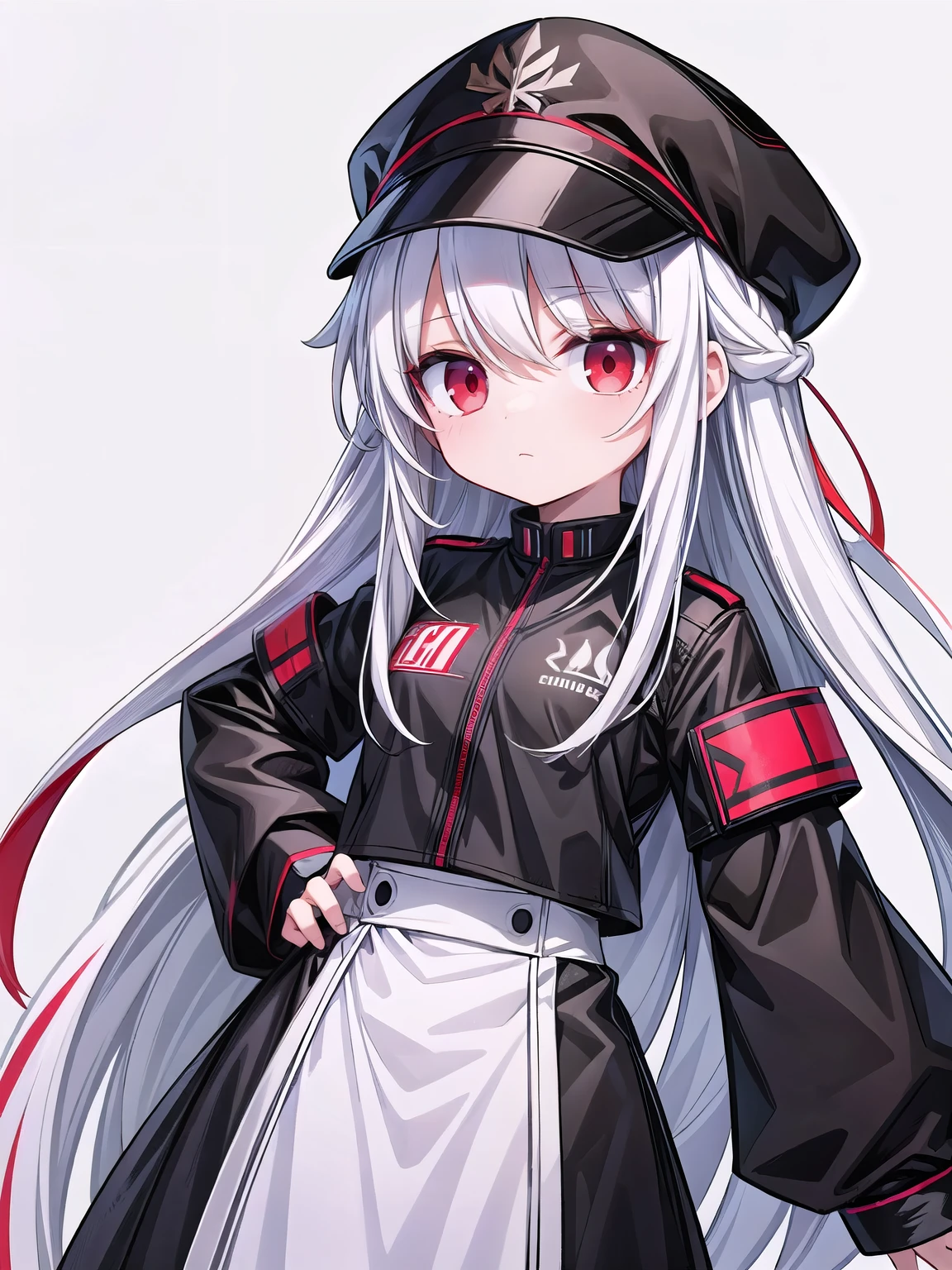 (girl red eyes long white hair), (sci-fi:1.1),(black color guard suit), (white background:1.5), (number on clothes:1.2)