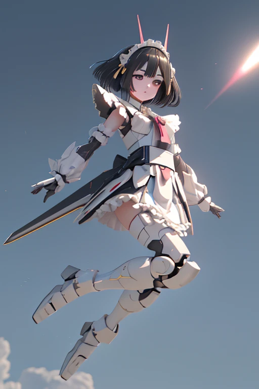 (highest quality)), ((masterpiece)), (Very detailed: 1.3), 3D, {(Young girl)}, Wearing a white frilly Gothic Lolita outfit, (She is fused with a Gundam mecha from the future....), With headgear, With V-fin , Armored Shoulders,Armament, Armor at the feet, Multi-layer texture perfect ratio, Octane Rendering, Duotone Lighting, Low ISO, wide aperture, White balance, Three-part method, Ultra HD 16k, High resolution (High Dynamic Range), Ray Tracing, NVIDIA, Super Resolution, Scattered beneath the surface of the water, PBR Texturing, Post-processing, Anisotropic Filtering, Written boundary depth, Maximum clarity and sharpness, Highly efficient subpixels, Subpixel Convolution, Particles of light, Scattered Light, Tyndall effect, whole body:1.5, Combat pose, cute, (cute:1.2), (Bobcut:1.3),Braiding, Black Hair, Thick eyebrows, Pale-colored iris, big, Bright black eyes, Long eyelashes, small, Bright colors, Natural lips, (The average face of a Japanese idol), (日本人特有のBaby Face:1.3), (Baby Face), Wide forehead:1.2, Plump Cheeks, small jaw, Visible side boob, (Has a huge weapon:1.5), fly in the sky、((((Flying high in the sky)))),View your audience,Focus on the eyes , (Four perfect fingers, One thumb),