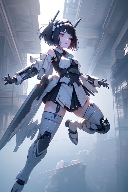 (highest quality)), ((masterpiece)), (Very detailed: 1.3), 3D, {(Young girl)}, Wearing a white frilly Gothic Lolita outfit, (She is fused with a Gundam mecha from the future....), With headgear, With V-fin , Armored Shoulders,Armament, Armor at the feet, Multi-layer texture perfect ratio, Octane Rendering, Duotone Lighting, Low ISO, wide aperture, White balance, Three-part method, Ultra HD 16k, High resolution (High Dynamic Range), Ray Tracing, NVIDIA, Super Resolution, Scattered beneath the surface of the water, PBR Texturing, Post-processing, Anisotropic Filtering, Written boundary depth, Maximum clarity and sharpness, Highly efficient subpixels, Subpixel Convolution, Particles of light, Scattered Light, Tyndall effect, whole body:1.5, Combat pose, cute, (cute:1.2), (Bobcut:1.3),Braiding, Black Hair, Thick eyebrows, Pale-colored iris, big, Bright black eyes, Long eyelashes, small, Bright colors, Natural lips, (The average face of a Japanese idol), (日本人特有のBaby Face:1.3), (Baby Face), Wide forehead:1.2, Plump Cheeks, small jaw, Visible side boob, (Has a huge weapon:1.5), fly in the sky、((((Flying high in the sky)))),View your audience,Focus on the eyes , (Four perfect fingers, One thumb),