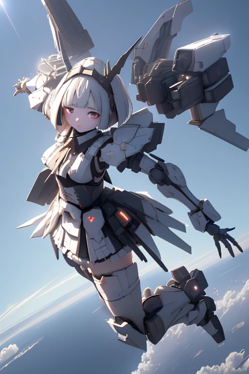 (highest quality)), ((masterpiece)), (Very detailed: 1.3), 3D, {( girl)}, Wearing a white frilly Gothic Lolita outfit, (She is fused with a Gundam mecha from the future....), With headgear, With V-fin , Armored Shoulders,Armament, Armor at the feet, Multi-layer texture perfect ratio, Octane Rendering, Duotone Lighting, Low ISO, wide aperture, White balance, Three-part method, Ultra HD 16k, High resolution (High Dynamic Range), Ray Tracing, NVIDIA, Super Resolution, Scattered beneath the surface of the water, PBR Texturing, Post-processing, Anisotropic Filtering, Written boundary depth, Maximum clarity and sharpness, Highly efficient subpixels, Subpixel Convolution, Particles of light, Scattered Light, Tyndall effect, whole body:1.5, Combat pose, cute, (cute:1.2), (Bobcut:1.3),Braiding, Black Hair, Thick eyebrows, Pale-colored iris, big, Bright black eyes, Long eyelashes, small, Bright colors, Natural lips, (The average face of a Japanese idol), (日本人特有のBaby Face:1.3), (Baby de forehead:1.2, Plump Cheeks, small jaw, Visible side boob, (Has a huge weapon:1.5), fly in the sky、((((Flying high in the sky)))),View your audience,Focus on the eyes , (Four perfect fingers, One thumb),