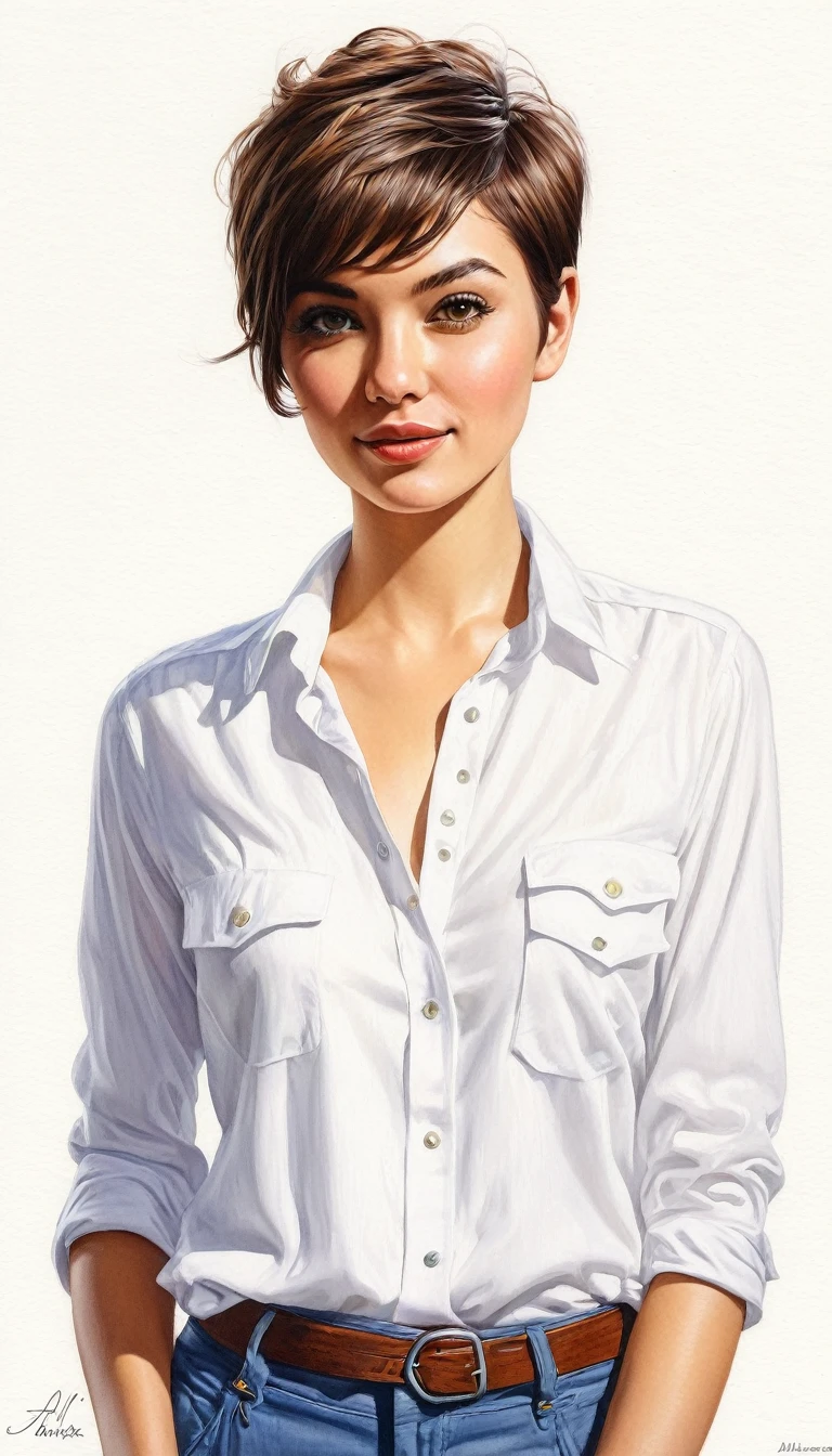 crea una mujer con pelo corte pixie ,con camisa blanca, obra maestra, estilo ilustracion de Ali Erturk, alto detalle, hiperrealista, luz natural,ilustracion , colores llamativos

