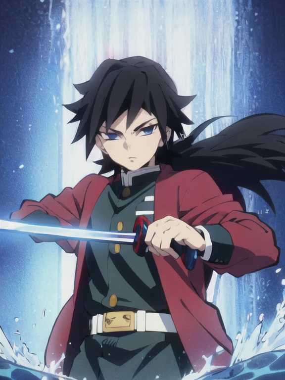 tomioka giyuu, demon slayer, 1boy, solo, upper body, (water, blue aura, flowing water), katana, sword, holding katana, fighting stance, looking at viewer, long hair, blue eyes, black hair, standing, jacket, male focus, japanese clothes, black jacket, demon slayer uniform, 