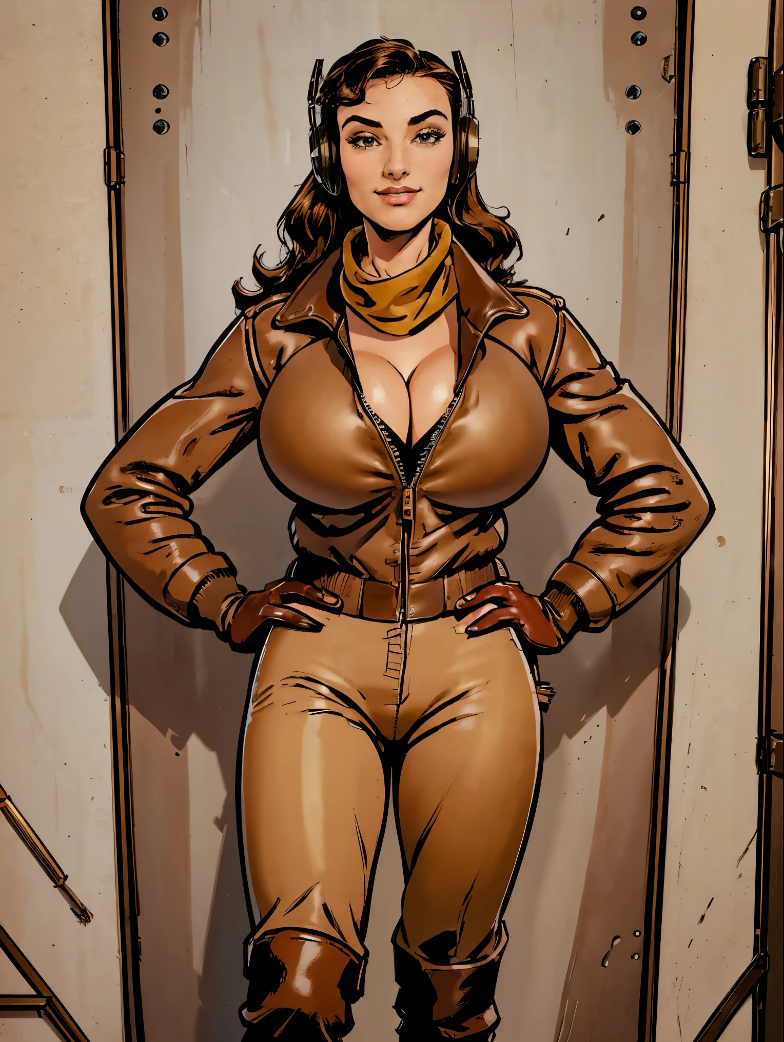 Gorgeous and sultry busty athletic brunette smiling with sharp facial features and a (large nose) and (huge boobs) wearing a 1930’s pilot costume (brown leather (bomber jacket), fleece lining, beige pants, boots, gloves, vintage headset, goggles, scarf) on a runway, prop plane
