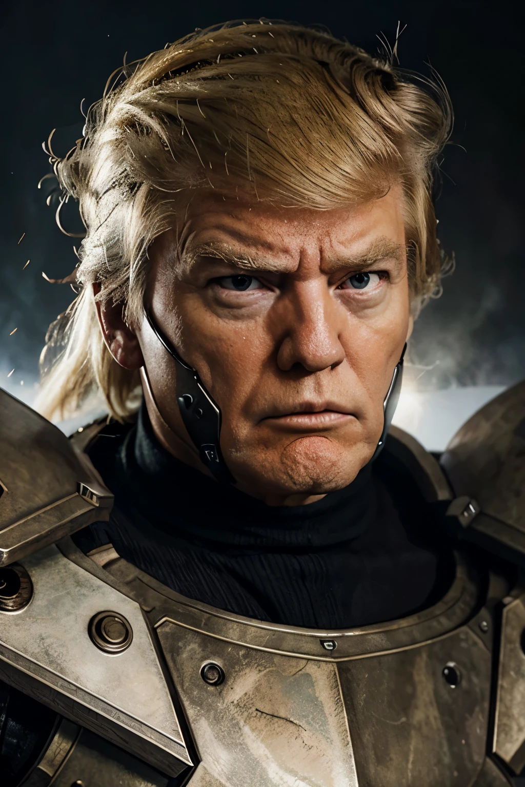 donald trump, very angry face in futuristic doomslayer armor