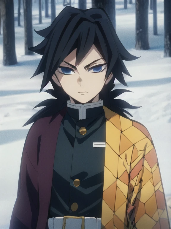 tomioka giyuu, demon slayer, 1boy, solo, upper body, long hair, looking at viewer, ((blue eyes)), black hair, long sleeves, japanese clothes, male focus, haori, demon slayer uniform, detailed face, detailed eyes, winter, snow, forest,