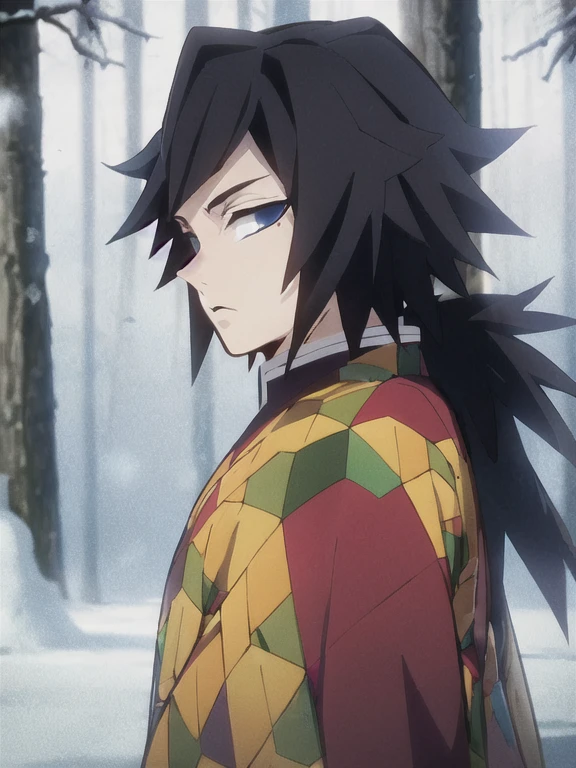 tomioka giyuu, demon slayer, 1boy, solo, upper body, long hair, looking at viewer, ((blue eyes)), black hair, long sleeves, japanese clothes, male focus, haori, demon slayer uniform, detailed face, detailed eyes, winter, snow, forest,