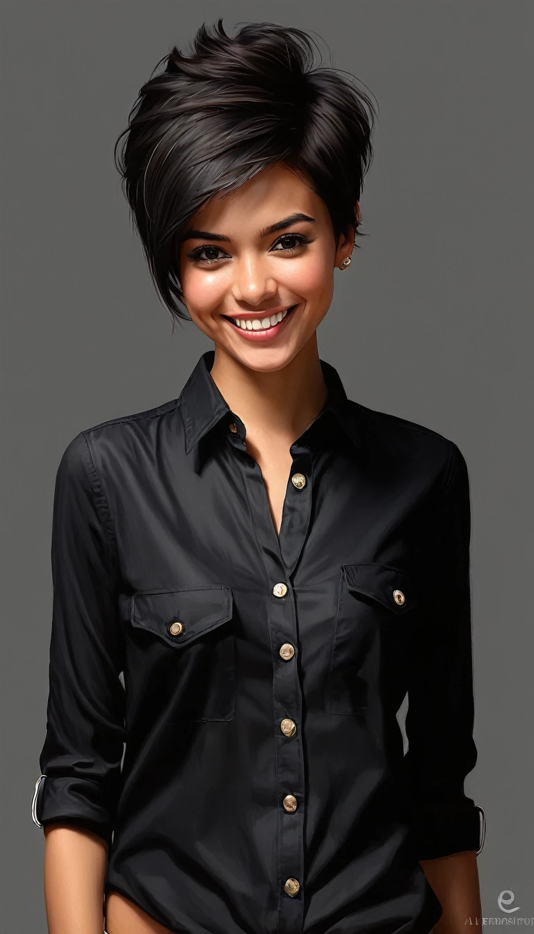 crea una mujer con pelo corte pixie sonriendo ,con camisa negra, obra maestra, estilo ilustracion de Ali Erturk, alto detalle, hiperrealista, luz natural,ilustracion , colores llamativos