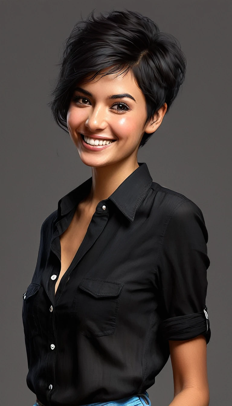 crea una mujer con pelo corte pixie sonriendo ,con camisa negra, obra maestra, estilo ilustracion de Ali Erturk, alto detalle, hiperrealista, luz natural,ilustracion , colores llamativos