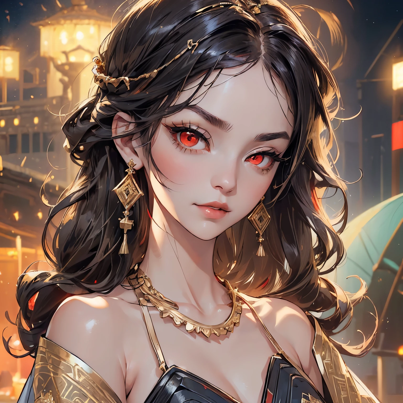 portrait,1 beautiful princess, ((wearing a black armored dress with gold trim in ancient hanfu style:1.6)), (((Exquisite patterns on the skirt:1.6))), ((loose delicate wavy hair: 1.6)), ((long bangs:1.6)), ((hair jewelry:1.9)), ((upper body gold jewelry:1.9)), ((Very delicate gold necklaces:1.7)), ((earrings with emeralds:0.8)), noble, noble style of an extremely beautiful girl, super cute little face, very pretty face,very beautiful eyes, ((red eyes eyes: 1.6)), beautiful makeup and detailed hairdo, eyelashes, eye makeup wet, high nose, earrings, red lips, ((closed mouth: 1;5 )) beautiful lips), rosy face, clean face, flawless beautiful face, smooth white skin, 8k photos, super high quality, super realistic, super 10x pixels, optical, bright studio, bright edges, two-tone lighting, (high detail skin:1.2), super 8k, soft lighting , high quality, volumetric light, optical, optical high resolution, light, best photo, 4k, 8k quality, blur effect, smooth sharpness, 10 x pixels, ((beach at night background:1.5)), aurora, lightning, super realistic graphics, most realistic graphics, alone, solo, Extremely sharp, surreal images, (((frontal portrait: 1.3)))."