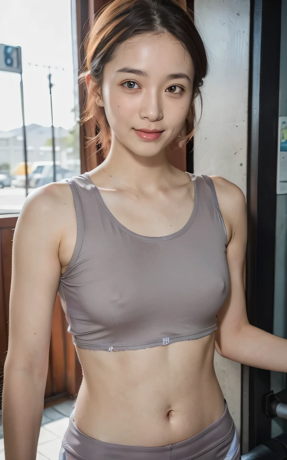 8K,Raw photography,cinematic lighting,top-quality,hightquality,Extreme Detail Photography, (Photography Lighting:1.3),Raw photo,Best Quality,masutepiece,ultra-detailliert,ultrasonic high resolution, Realistic,mideum shot, Highly detailed beautiful woman, ((Very short hair)), cleavage , (get sweaty) , Round eyes, Realistic female hands, viewer,  (blush:1.3),( Smile), ((Tall pretty woman)), ((Vertical navel)), full body photographed ,(light gray wear)  Tank top , sports wear, ((Muscle training)), squatt, (((Thin sportswear))), sports gym,(no bra:1.3),(camel toe:1.2),(six pack:1.6),(athlete:1.6),