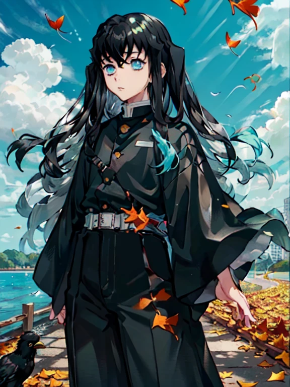 tokitou muichirou, 1boy, male focus, demon slayer uniform, long hair, leaf, japanese clothes, long sleeves, cloud, sky, standing, hakama, tabi, falling leaves, belt, outdoors, crow, day, blue sky, wide sleeves, belt, hakama pants, two-tone hair, black hair, bangs, aqua eyes, sidelocks, pants, black jacket, sleeves past wrists, nature, ginkgo leaf, autumn leaves, cowboy shot,