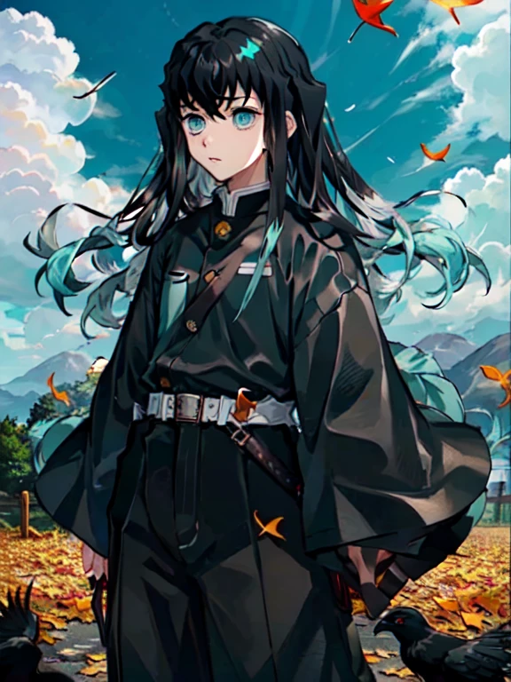 tokitou muichirou, 1boy, male focus, demon slayer uniform, long hair, leaf, japanese clothes, long sleeves, cloud, sky, standing, hakama, tabi, falling leaves, belt, outdoors, crow, day, blue sky, wide sleeves, belt, hakama pants, two-tone hair, black hair, bangs, aqua eyes, sidelocks, pants, black jacket, sleeves past wrists, nature, ginkgo leaf, autumn leaves, cowboy shot,